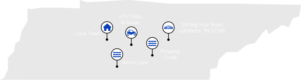 Map of Tennessee showing Karla's Creek Retreat at 200 Big Four Road, LaFollette, with Local Town, UTV Trails & Guide, Property Creek and Norris Lake nearby